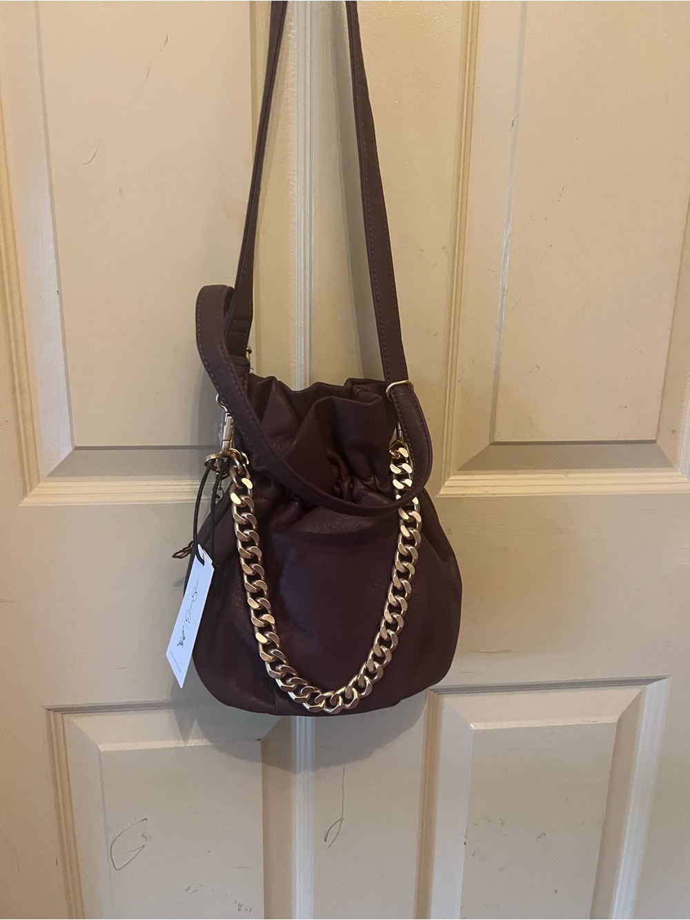 Plum Drawstring Bucket Bag with Gold Chain